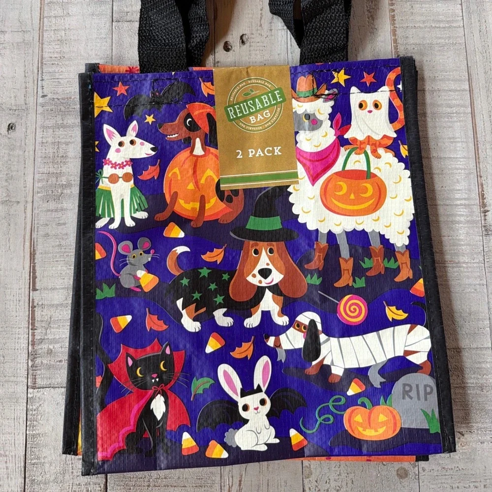 Halloween Dia de los Muertos Reusable Gift Bag 2 Pack Chihuahua Sugar Skull Dog
